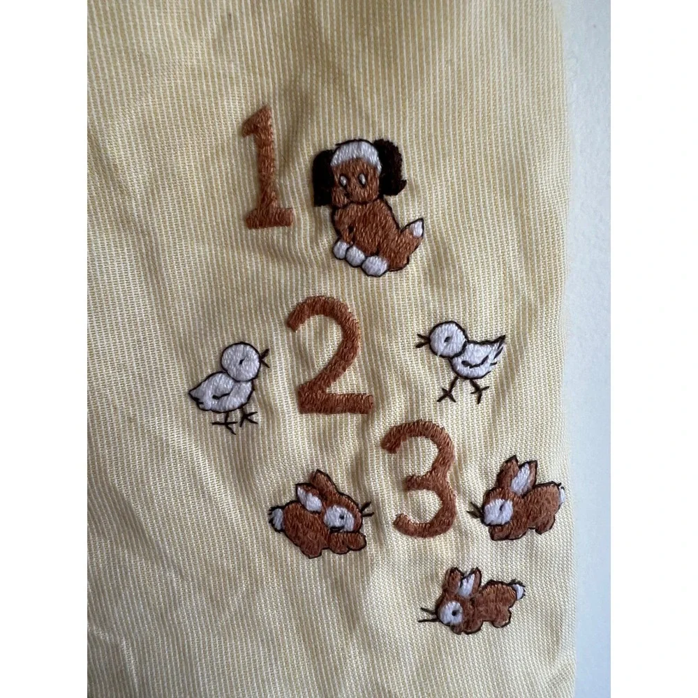 Vintage Yellow Seersucker Baby Romper Animal Embroidery Peter‎ Pan Collar 1/2